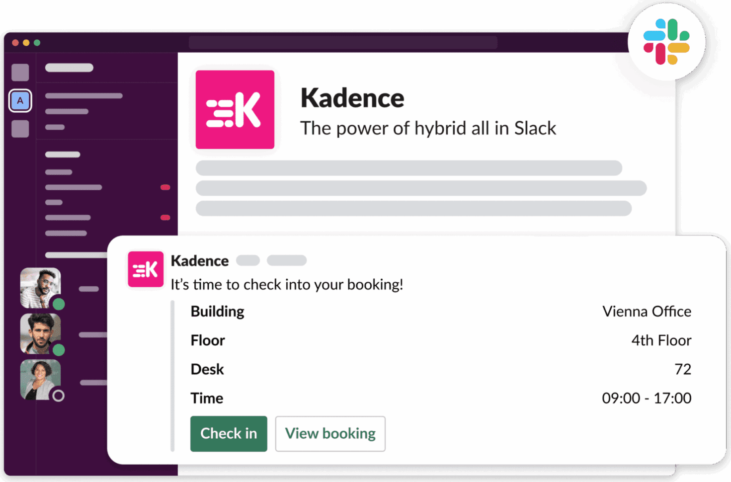 Kadence in Slack: a check-in reminder for a desk booking with Check in and View booking buttons