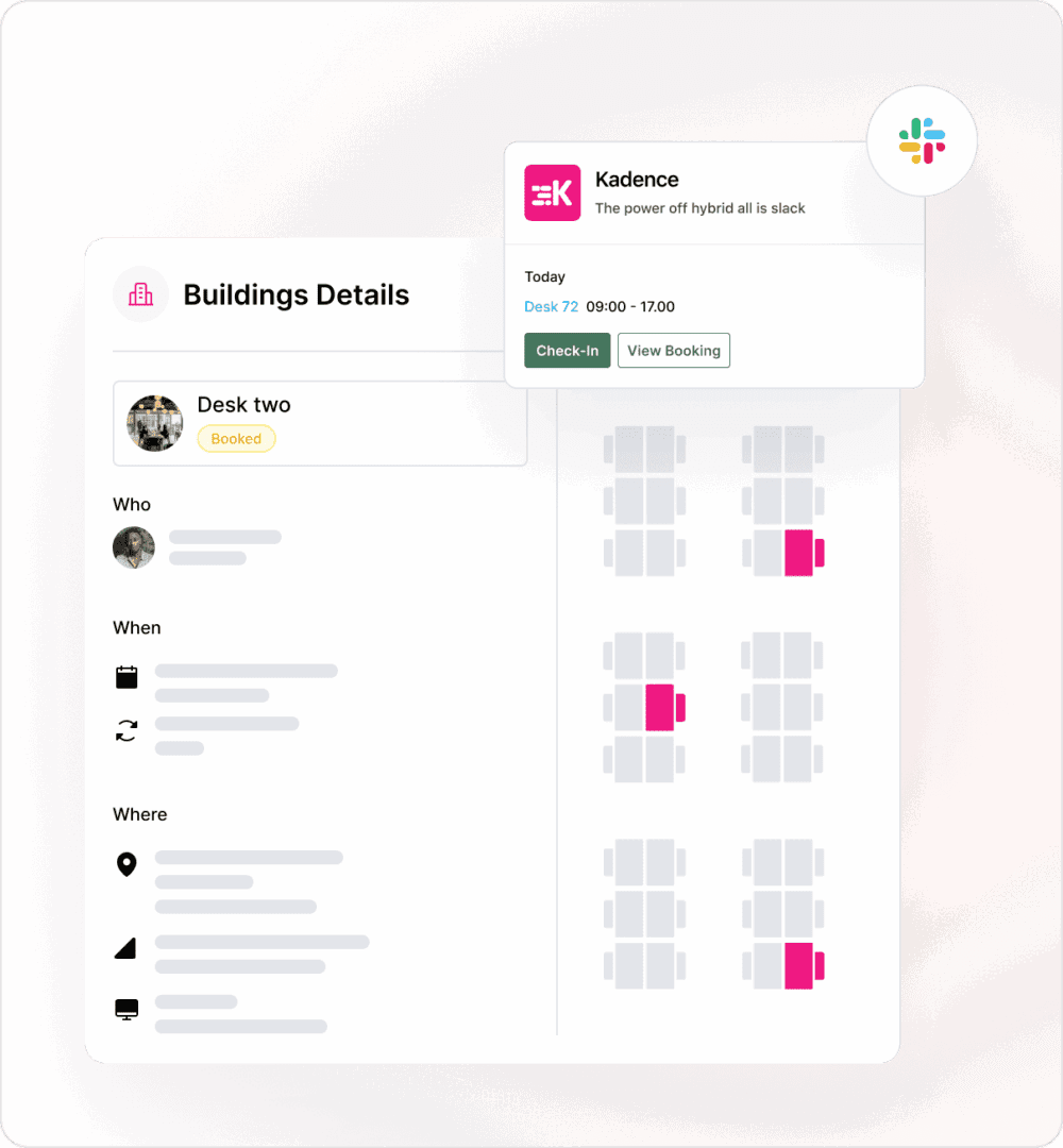 This is an image of a floor plan with its building details along with a check-in notification with a slack logo