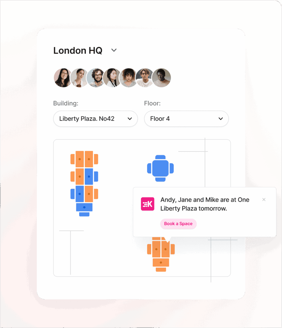 This is an image of a smart booking suggestion that says Andy, Jane and Mike are at One Liberty Plaza tomorrow