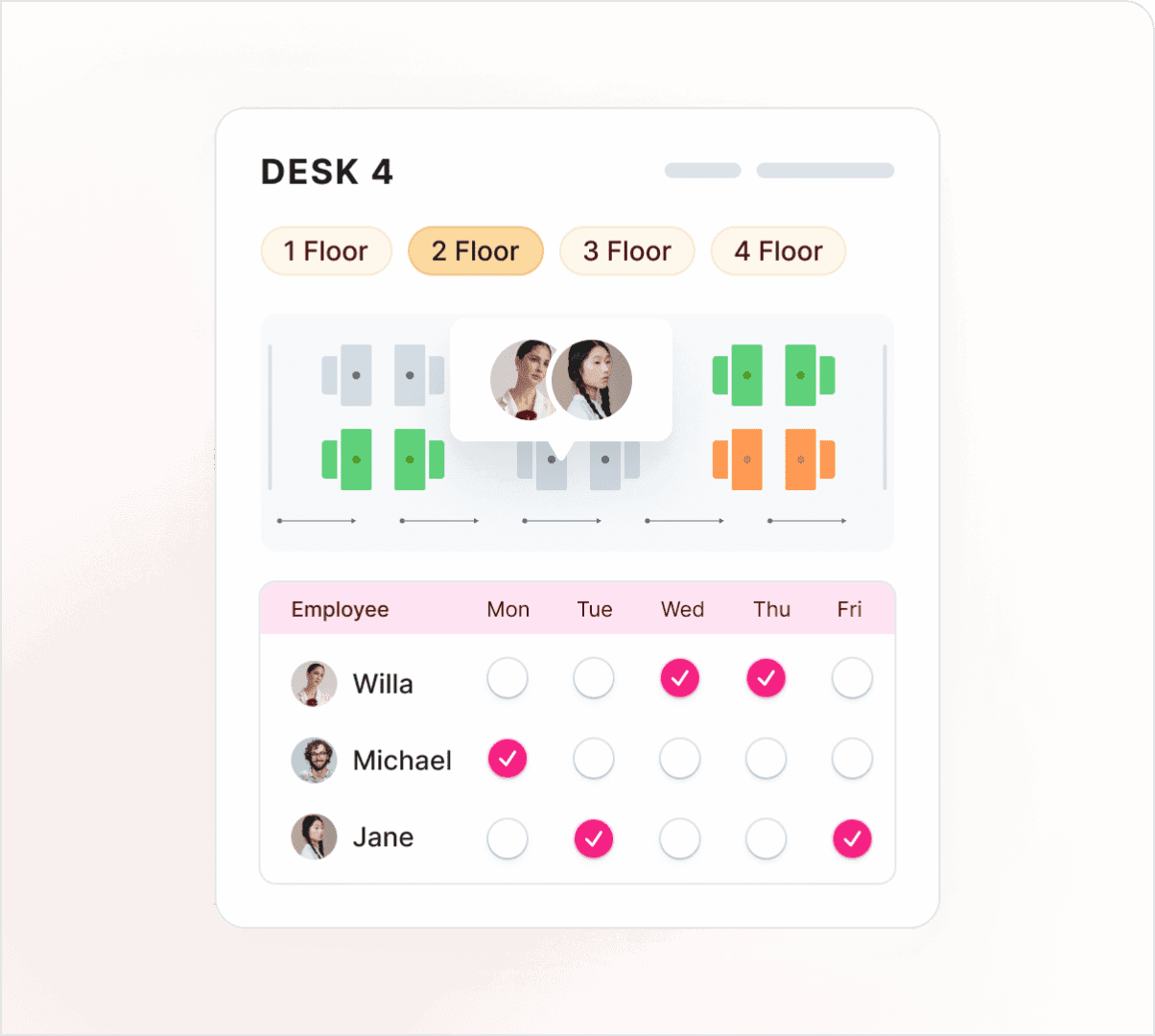 Assign individuals to a desk and plot it on a weekly schedule.
