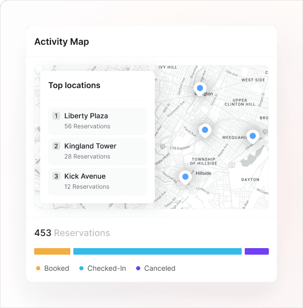 A Kadence Flex illustration of the Activity Map showing Top Locations, 453 Reservations, and how many people booked, checked in or canceled.
