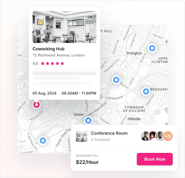 A Kadence Flex illustration that shows you available conference rooms to book and how much they cost.