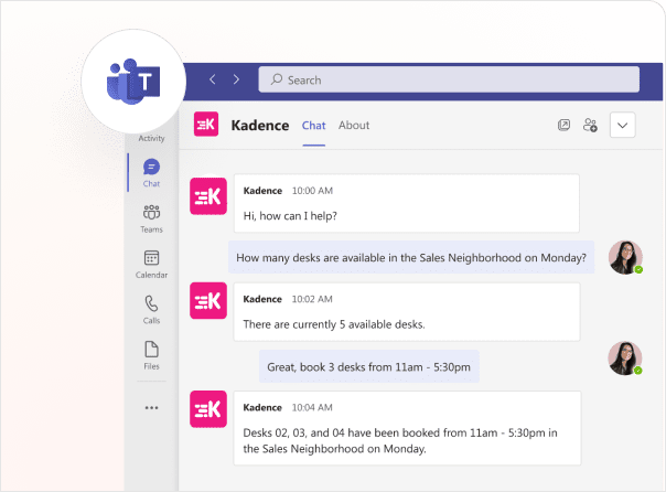 Kadence AI inside Microsoft Teams: booking three desks in the Sales neighborhood by chat
