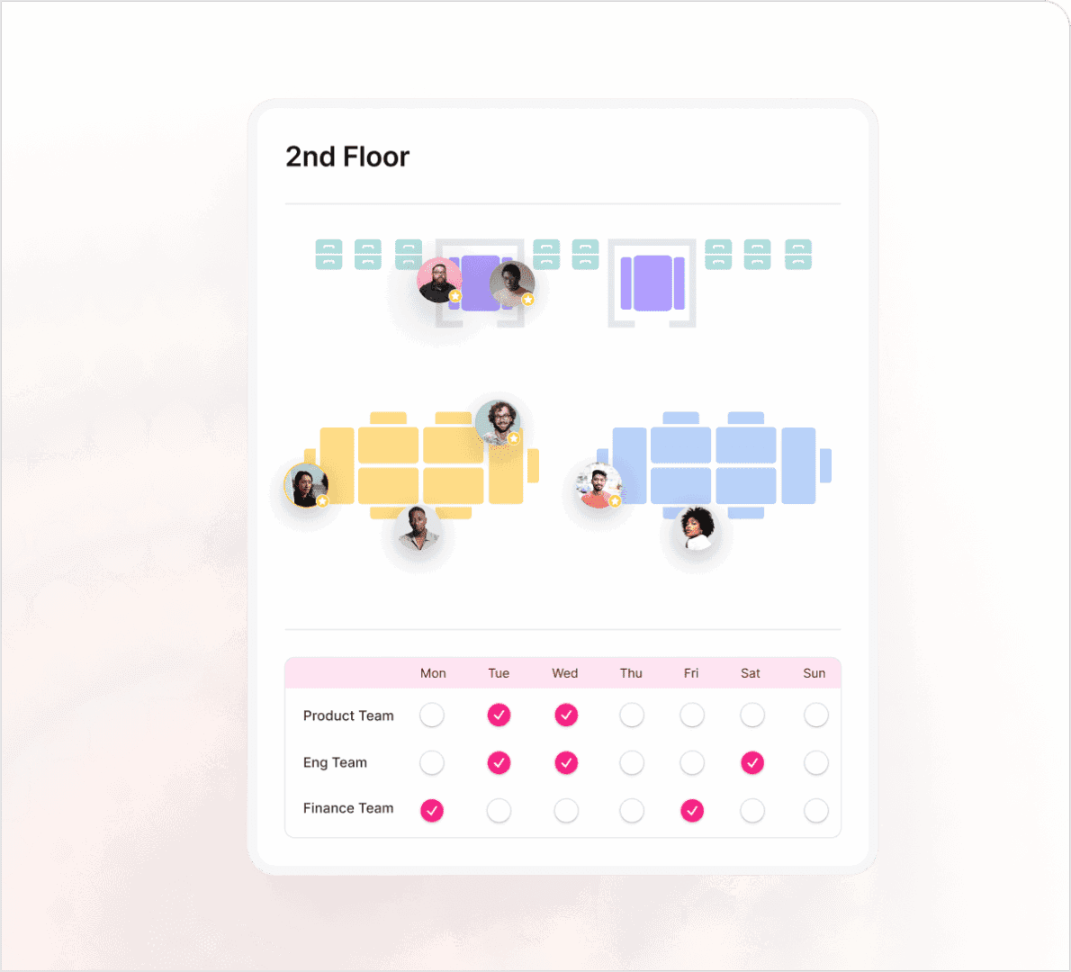 Kadence floor plan with team neighborhoods on the 2nd floor and a weekly team schedule