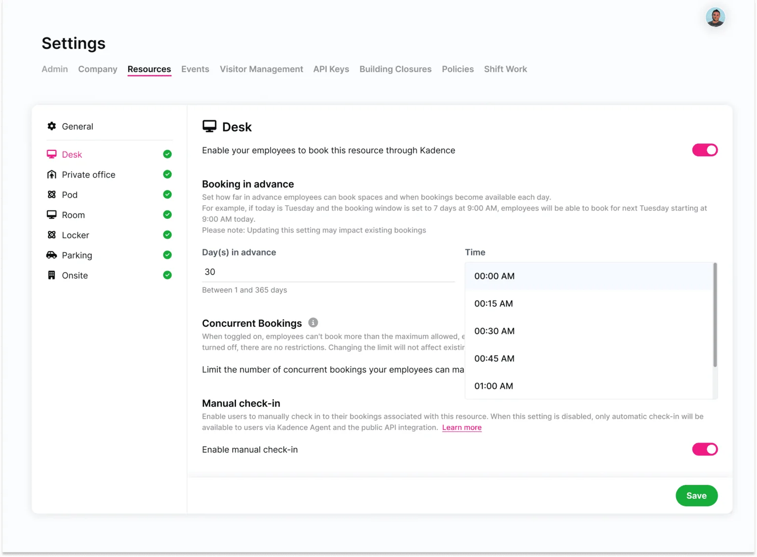 Resource settings inside the Kadence web app. 
