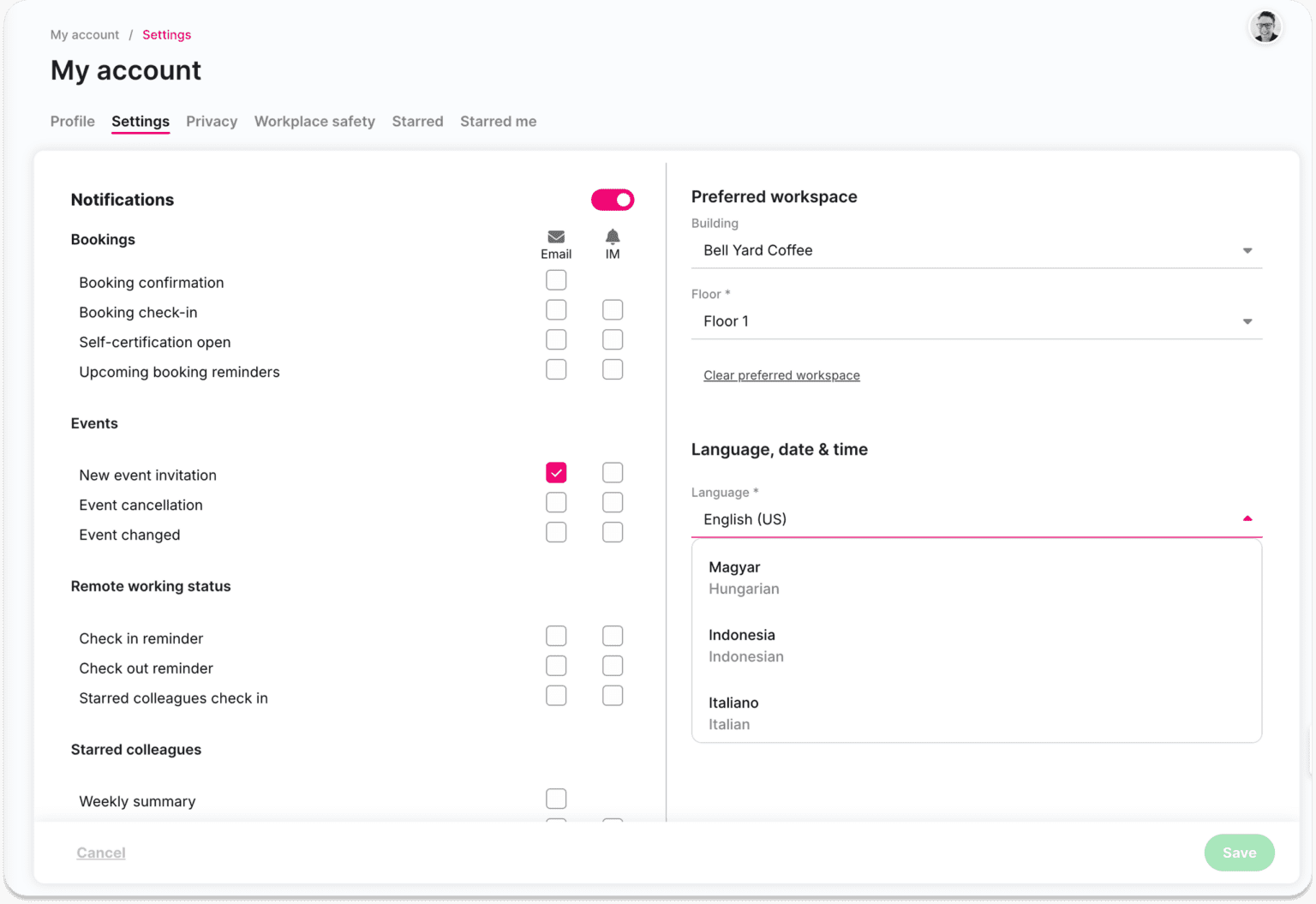Kadence's language selector within the settings menu