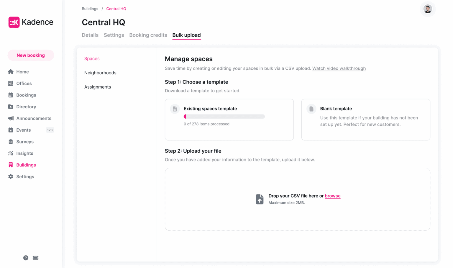 The bulk uploads settings in the Kadence Web app.