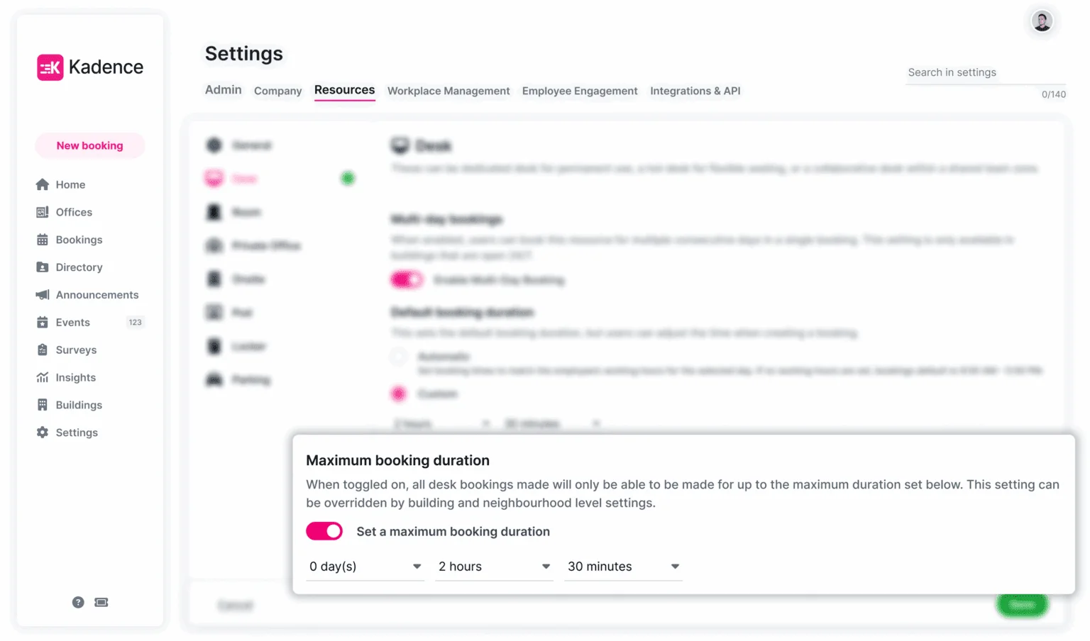 Maximum booking durations toggle in Kadence settings.