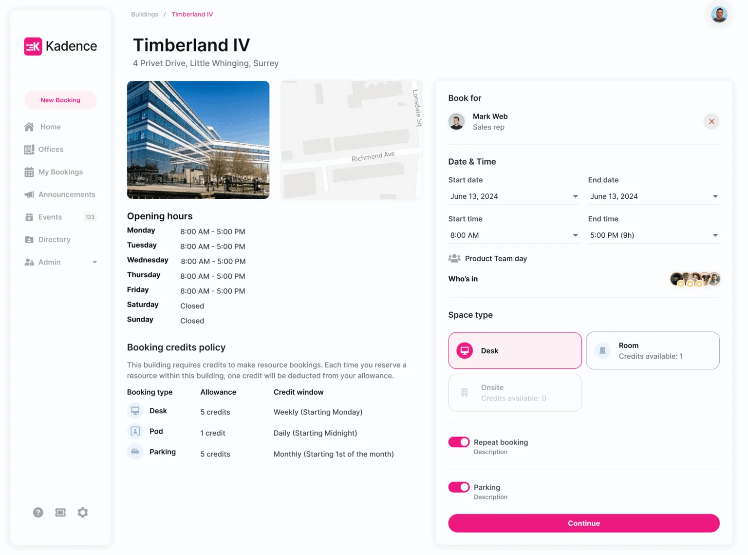The space booking screen inside the Kadence platform.