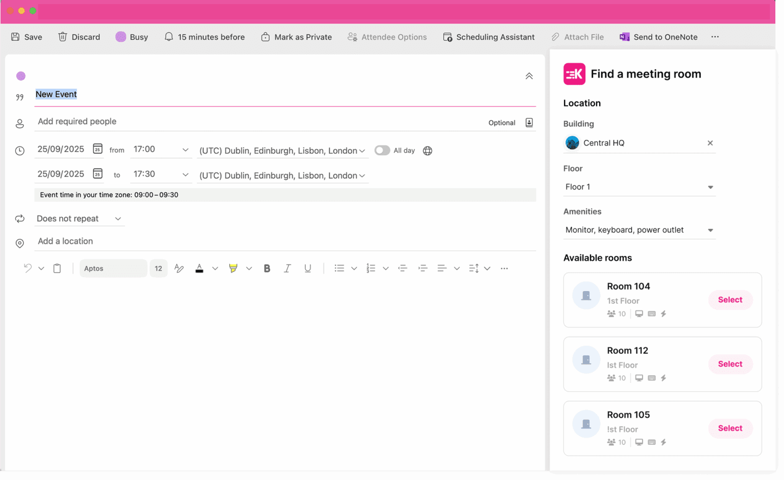 The Kadence Room Meeting Room Booking Plug-in for Outlook.