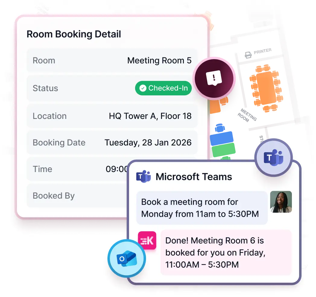 Room booking detail with a Microsoft Teams confirmation.