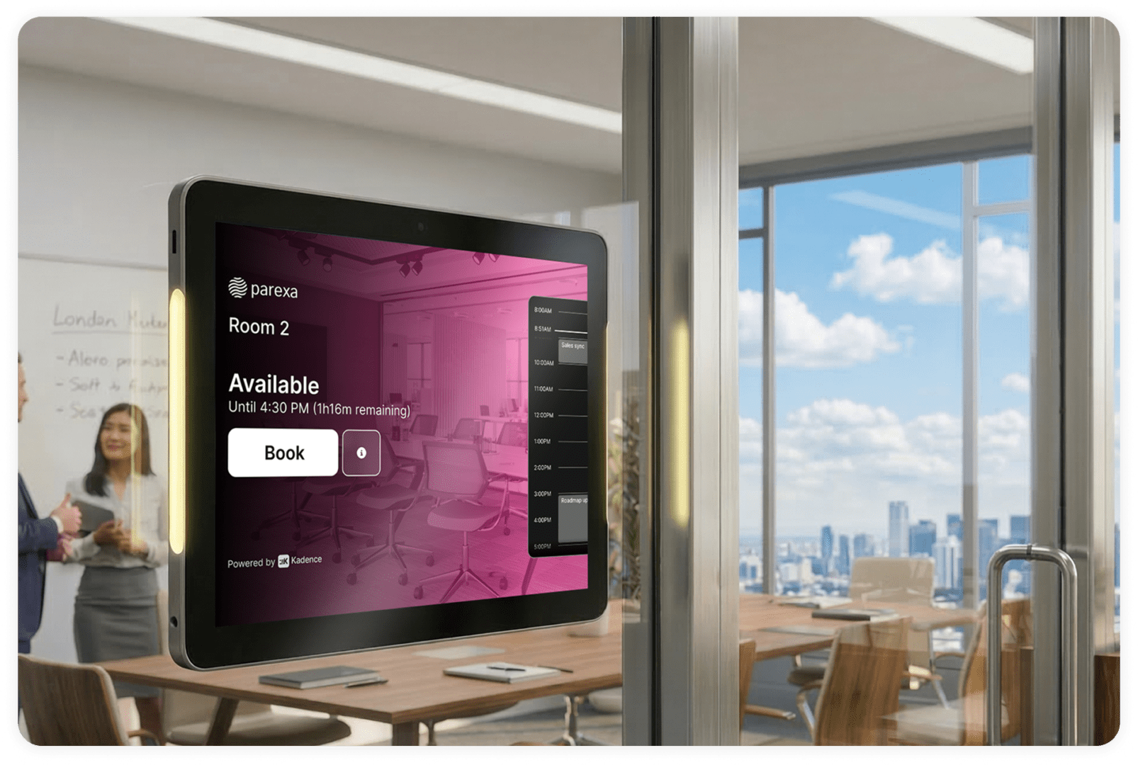 Kadence Room Display tablet mounted outside a meeting room showing live availability, time remaining, and a one-tap Book button.