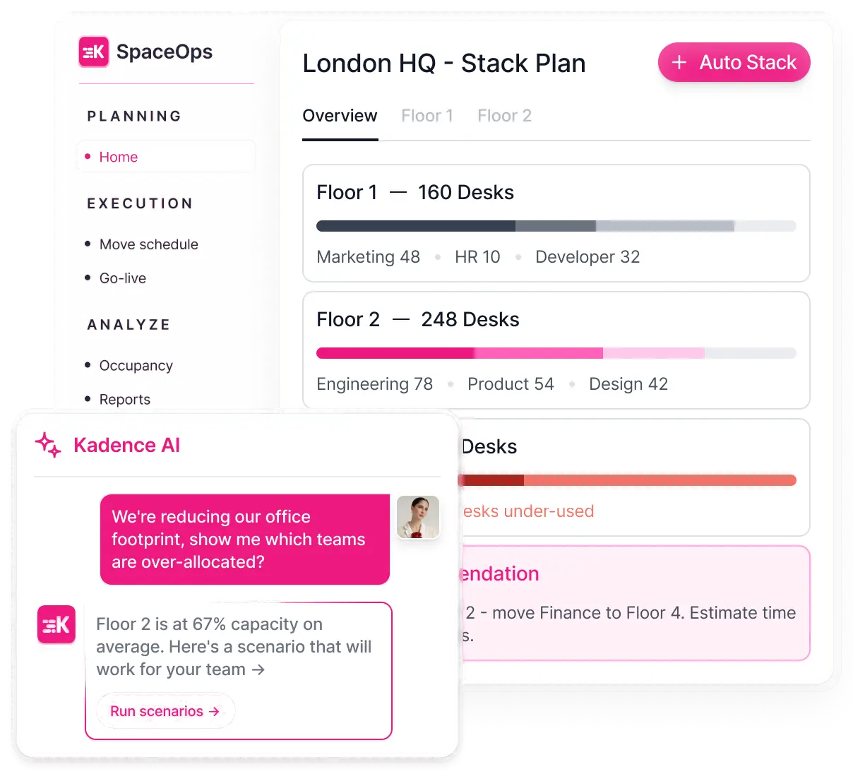 SpaceOps stack plan for London HQ, with Kadence AI answering which teams are over-allocated.
