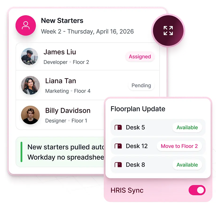 New starters pulled from Workday with desks assigned and a floorplan update pending.