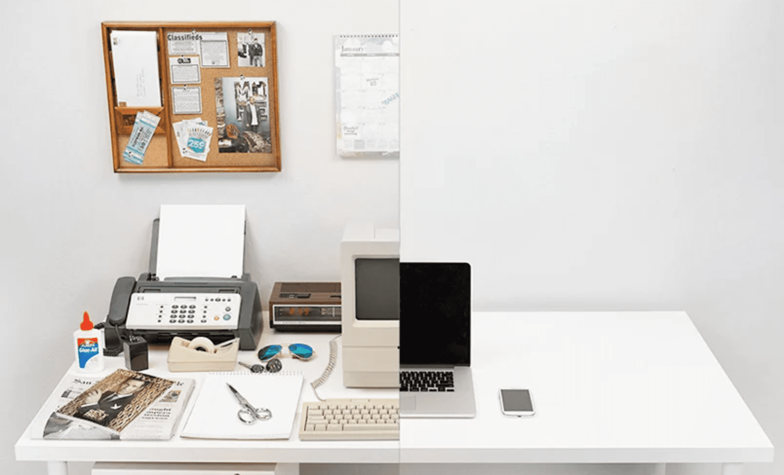 A split image - half shows a cluttered office desk of the past, the other a modern office desk with only a laptop and phone