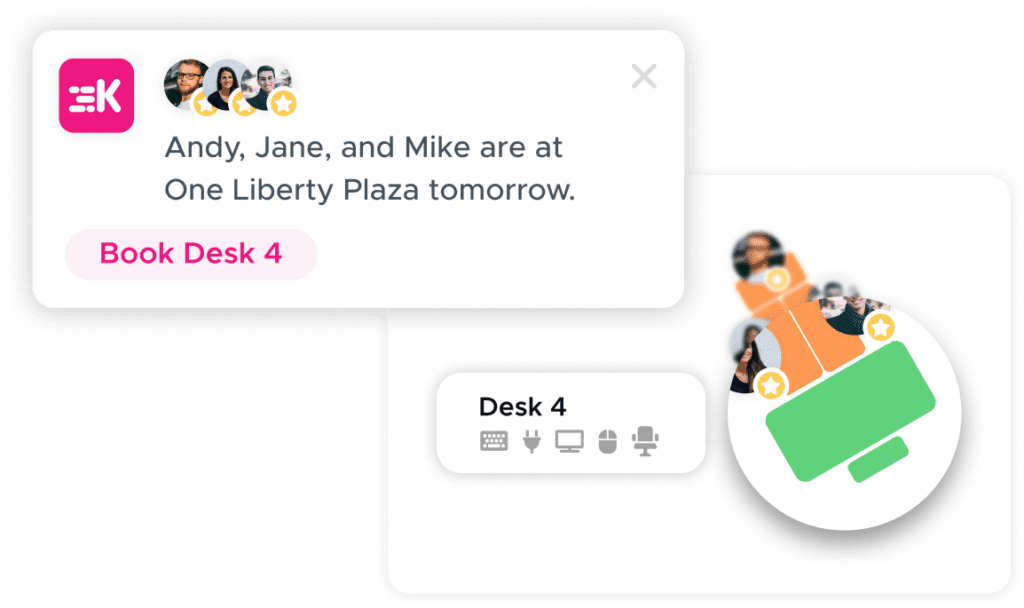 Kadence's Smart Booking Suggestions Interface tell the user that they should book desk 4 because their teammates Andy, Jane, and Mike are at One Liberty Plaza tomorrow.