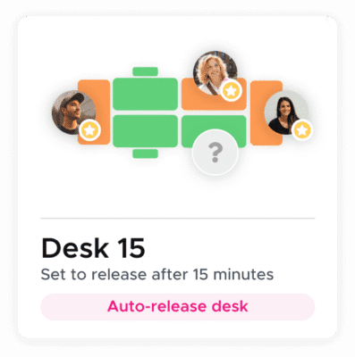 An illustration of Kadence's Flexible Workspaces Platform that lets employees know that Desk 15 is set to release after 15 minutes.