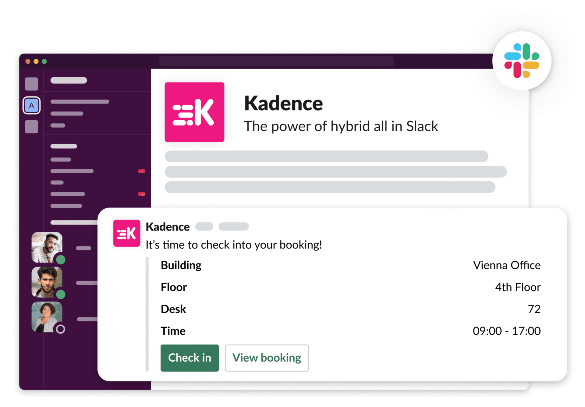 Slack desk booking integration notifies you to check in and view your booking