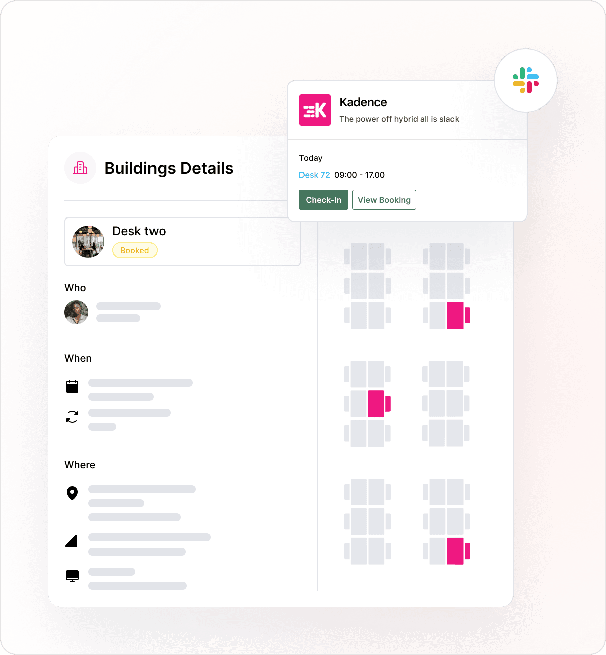 This is an image of a floor plan with its building details along with a check-in notification with a slack logo