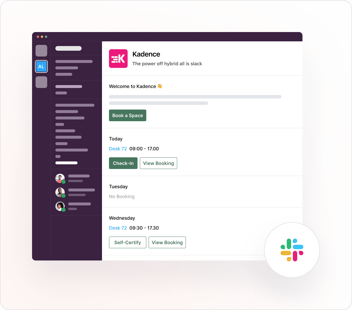 This is an image of a Slack desk booking integration for Kadence