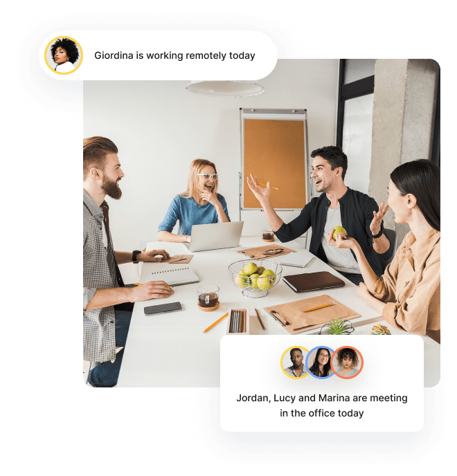 Four people sat around a table collaborating, while their Hybrid Work Management Software tells them where their colleagues are.