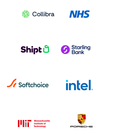 These are logos of Collibra, The NHS, Shipt, Starling Bank, Softchoice, Intel, MIT, and Porsche