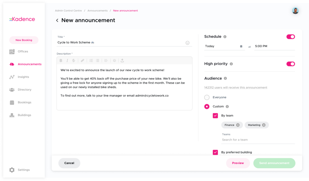 The Kadence interface of a new Announcement being created informing teams of a Cycle to Work Scheme
