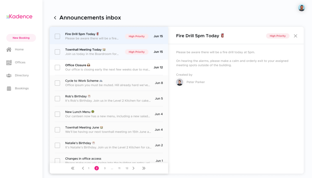 The Kadence interface of a new Announcement of  a Fire Drill in the user's inbox