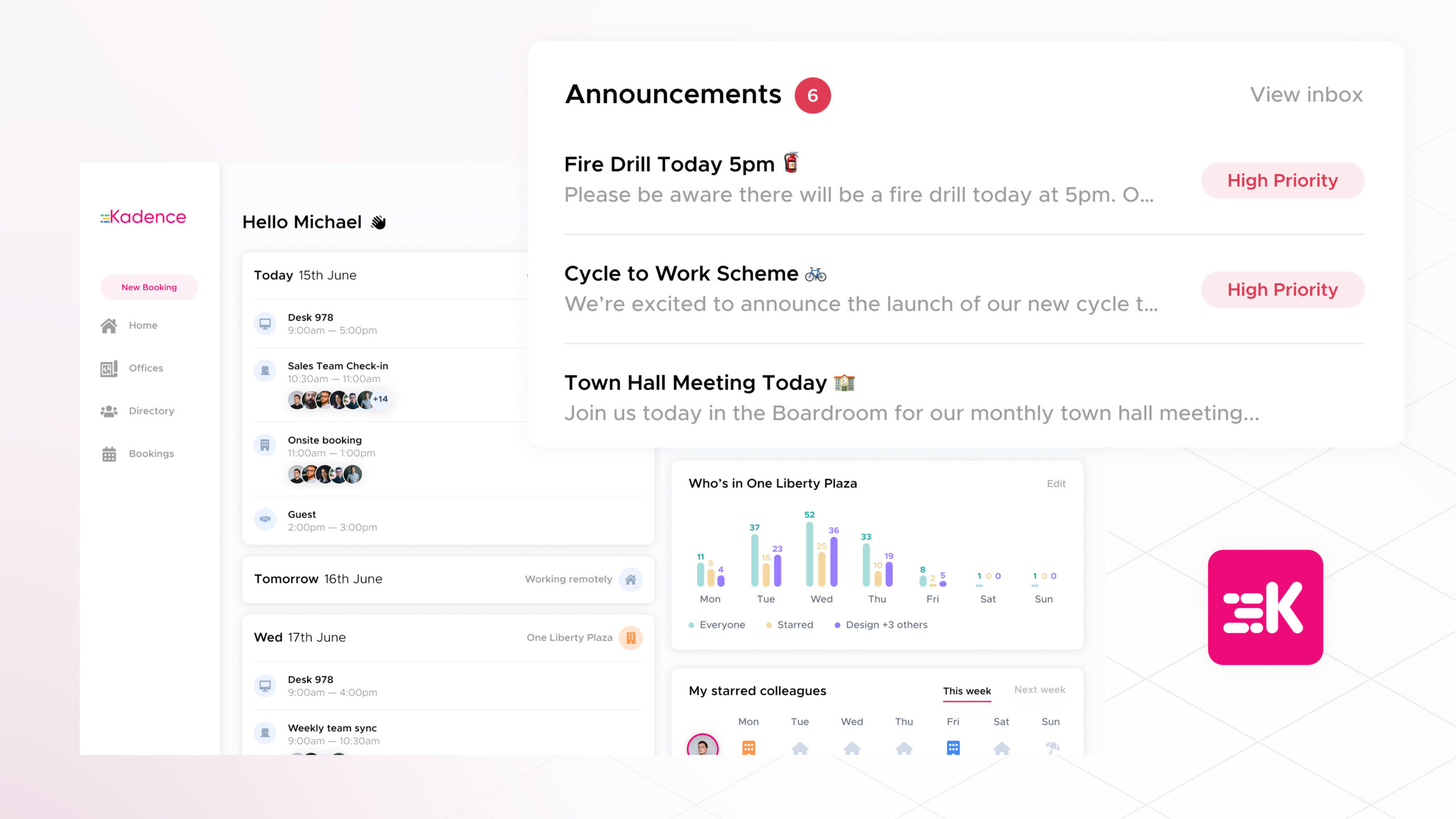 The Kadence dashboard with the Workplace Announcements feature