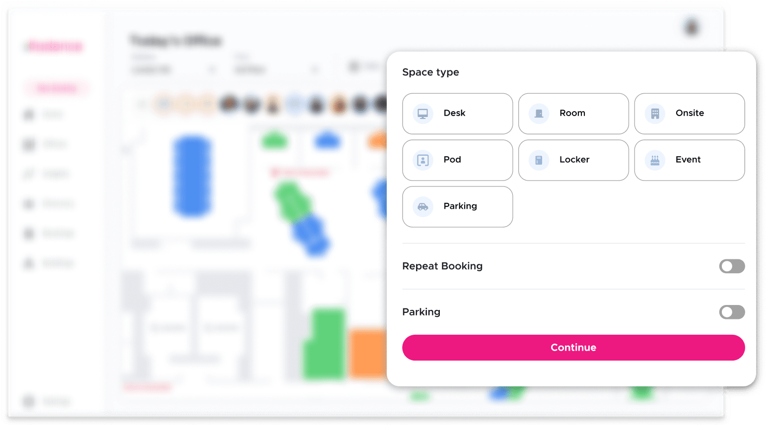 Different space types employees can choose to book