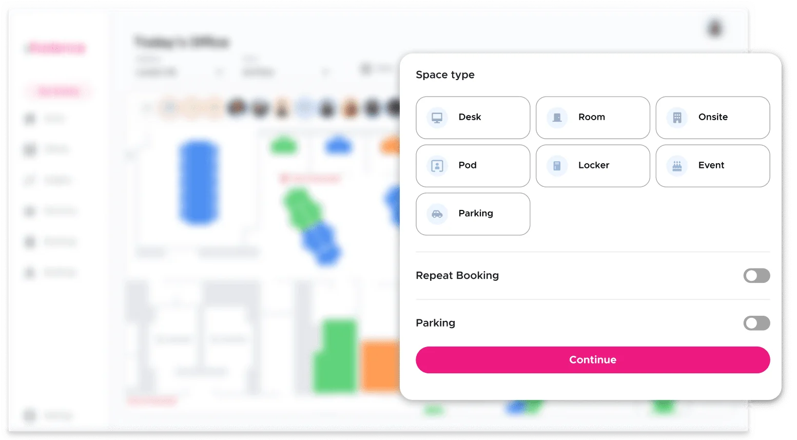 Different space types employees can choose to book