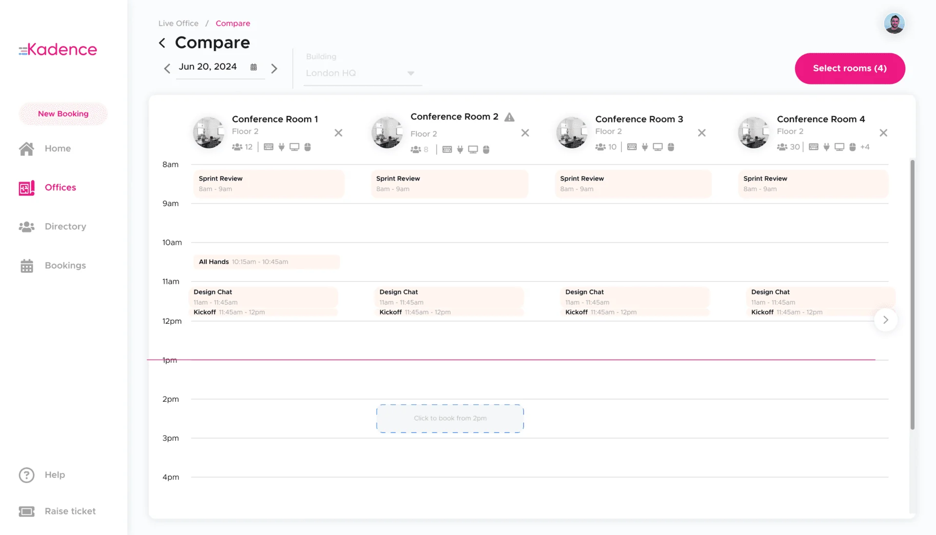The room booking comparison dashboard on the Kadence Web app