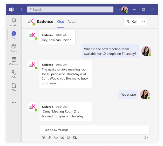 An illustration of a chat with Kadence AI in Microsoft Teams. 
