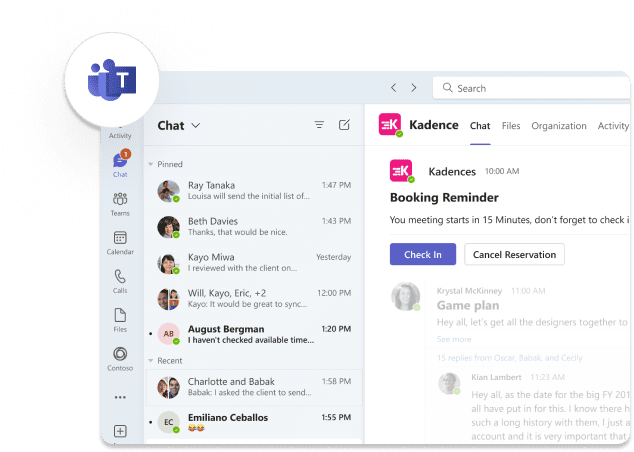 An illustration of check-in and booking reminders within Microsoft teams.