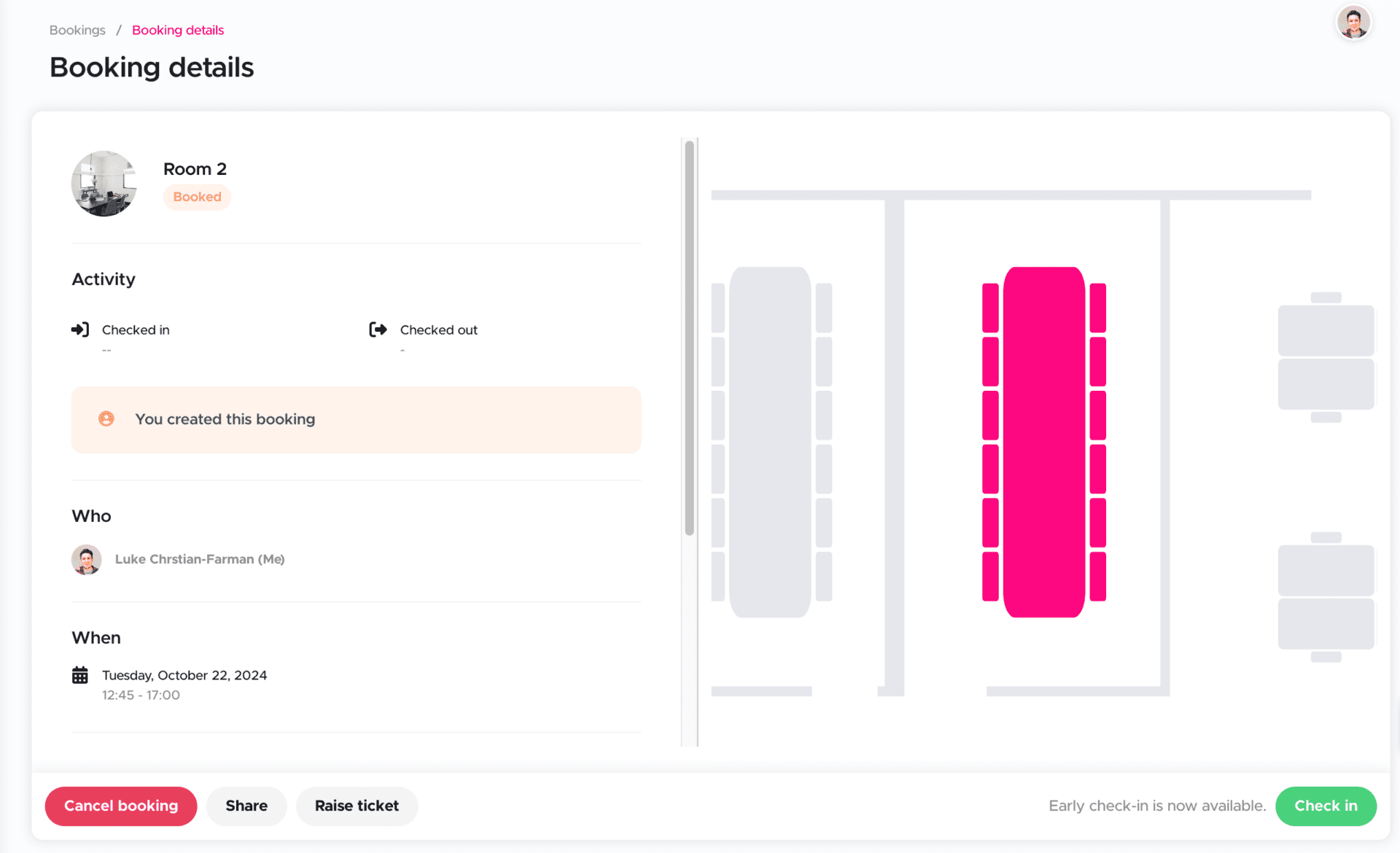 A view of a room booking made through kadence's API.