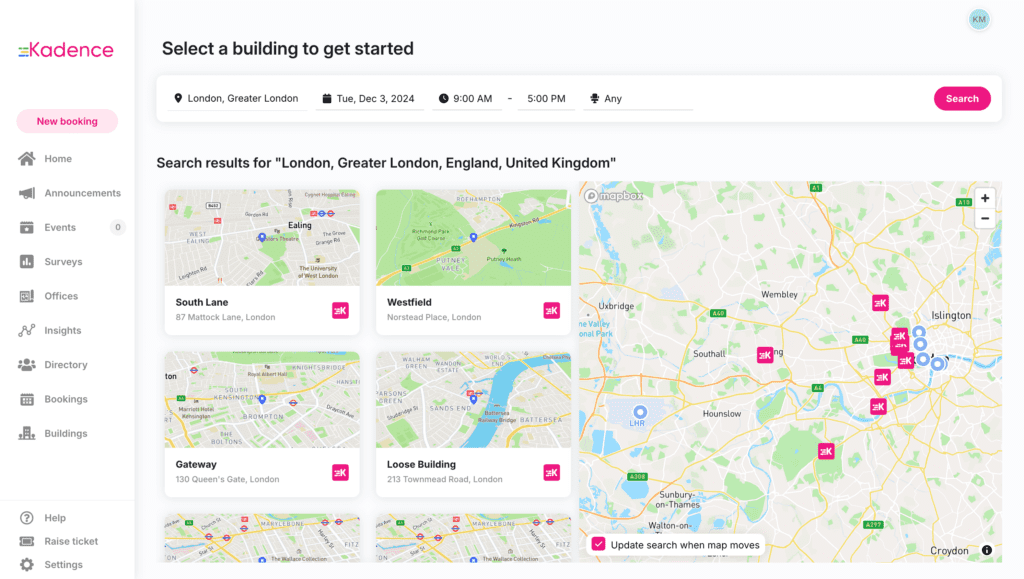 The Kadence interface that shows how users can search for and make a booking inside their company's buildings.