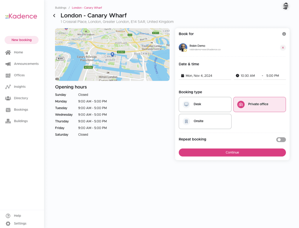 The Kadence interface that shows the ability to book a desk, a private office, on an onsite booking. 