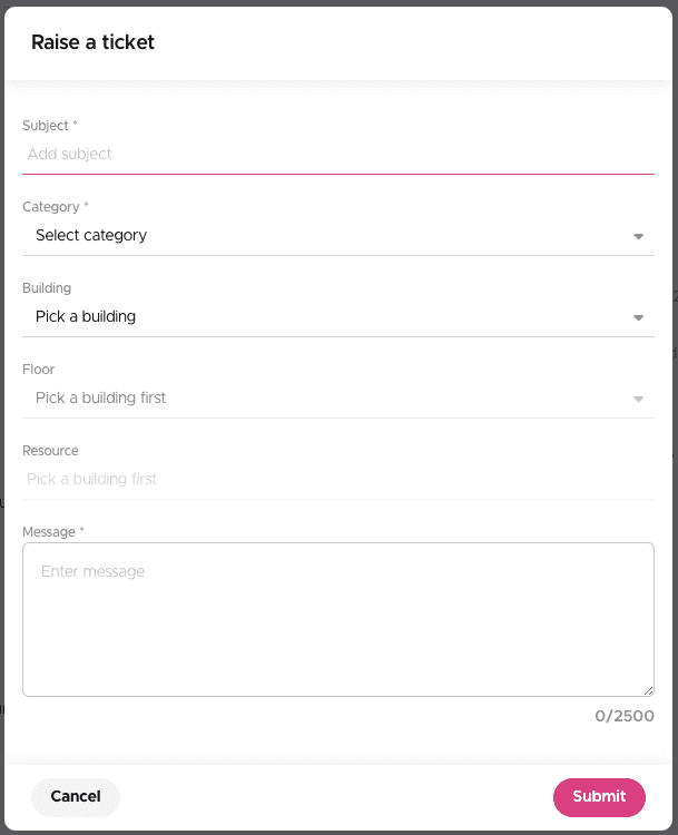 The Kadence ticketing interface form. 