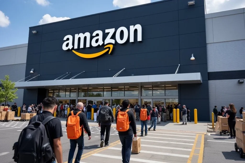 Amazon employees walking to Amazon office.