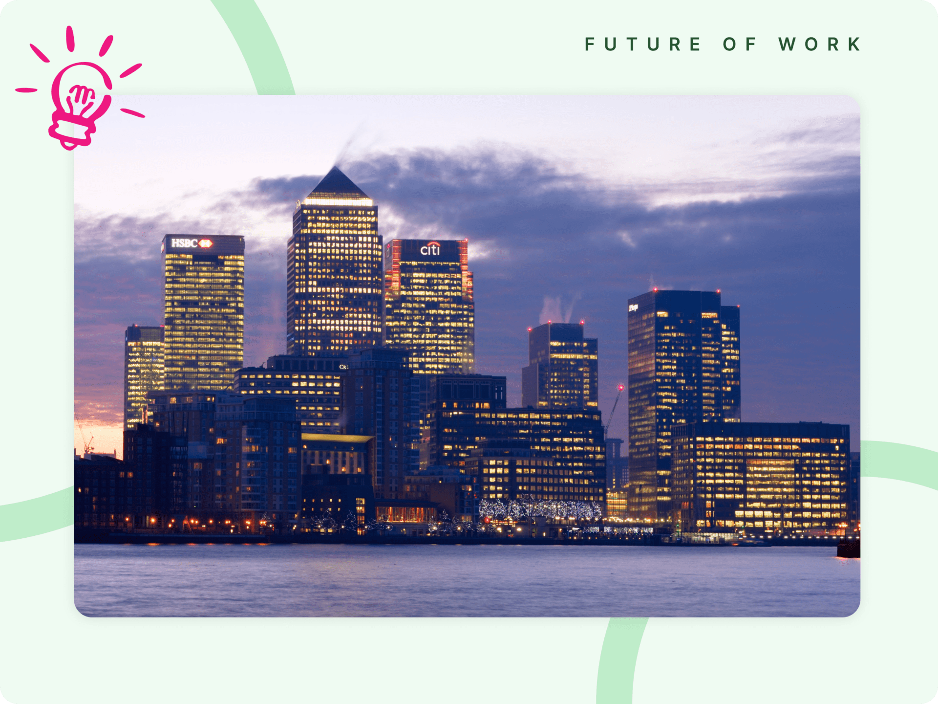 The Canary Wharf skyline at night, including the Citi headquarters