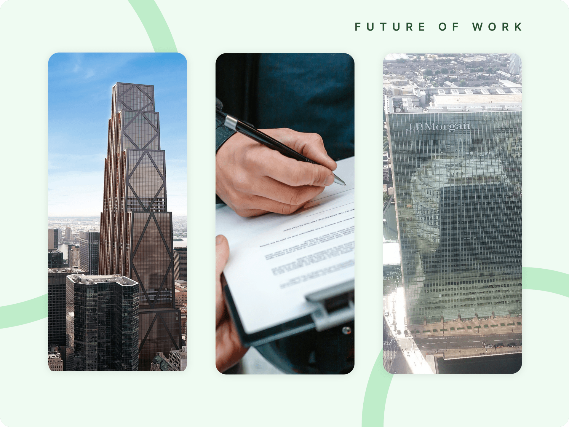 JPMorgan Chase offices in New York and London. A hand signing a petition.