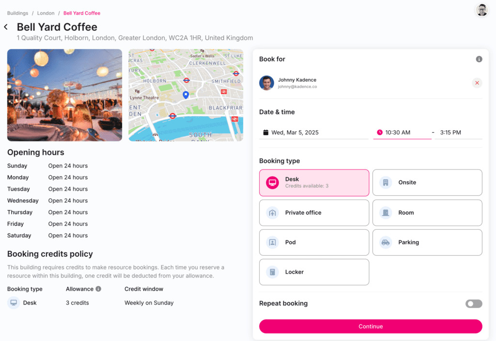 The space booking flow of the Kadence web app