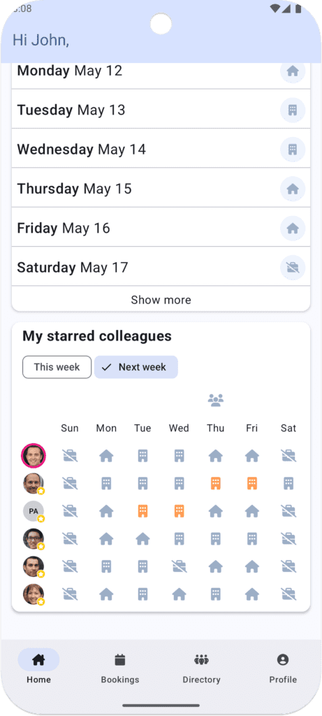 The Starred Colleagues screen on the Android Kadence App