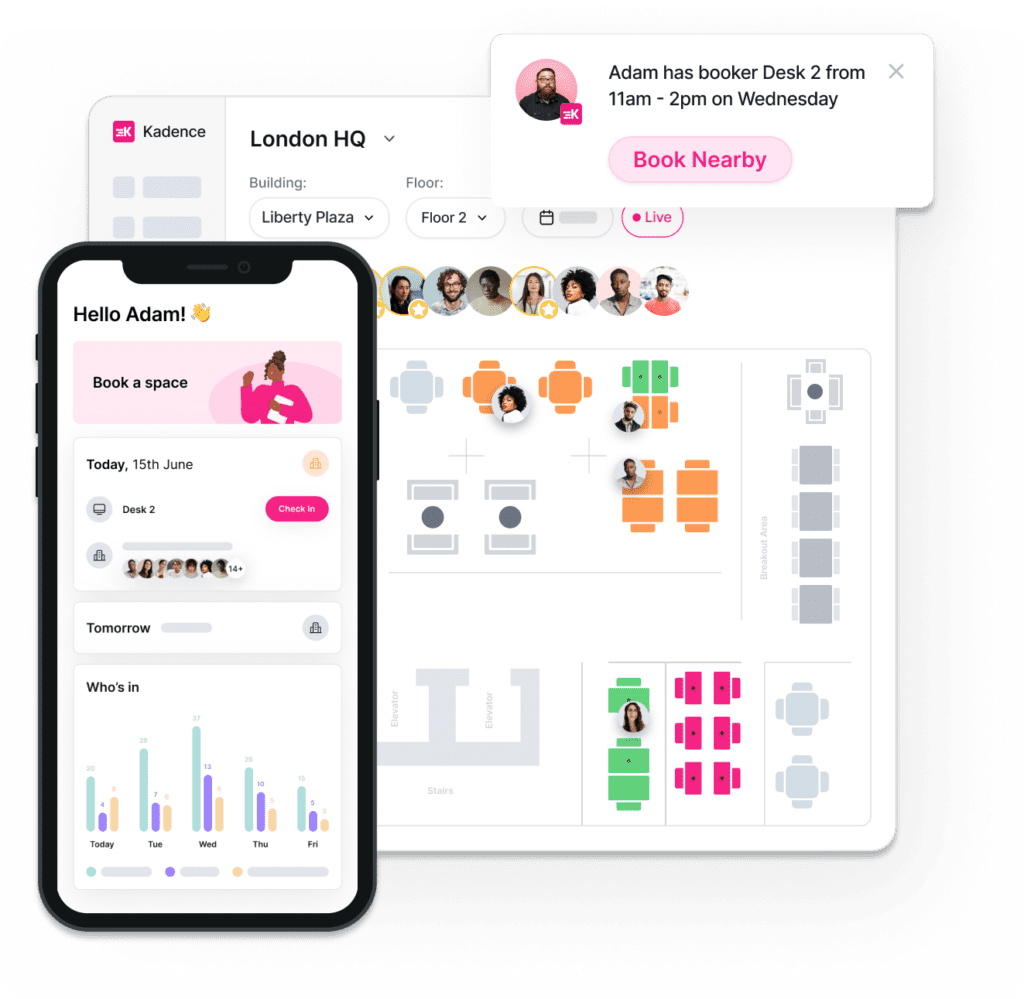A stylized image of Kadence's Desk Booking Coordination Interface