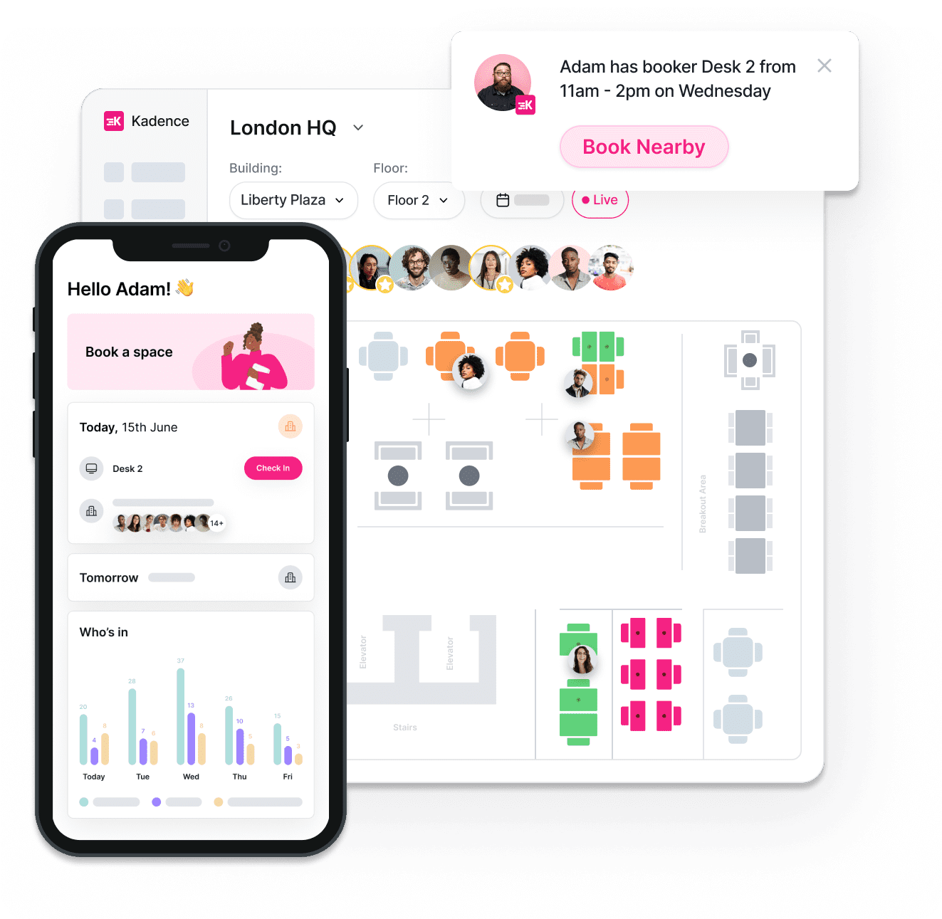 A stylized image of Kadence's Desk Booking Coordination Interface