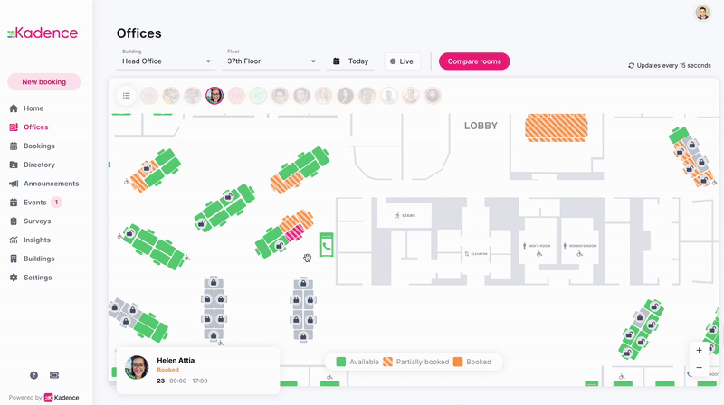 A GIF showing how to book a desk on Kadence's interactive office floorplan