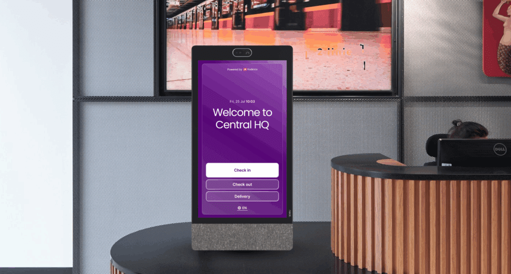 An office lobby tablet with room booking software.