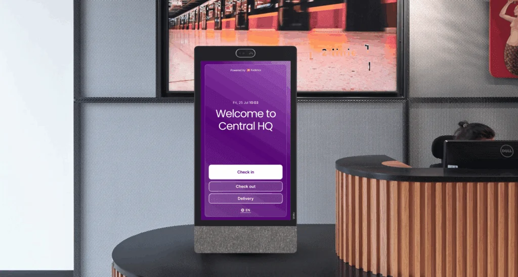 An office lobby tablet with room booking software.