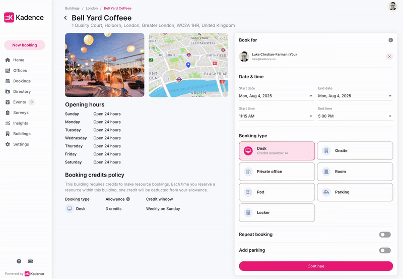 Booking a meeting room across multiple days in Kadence.