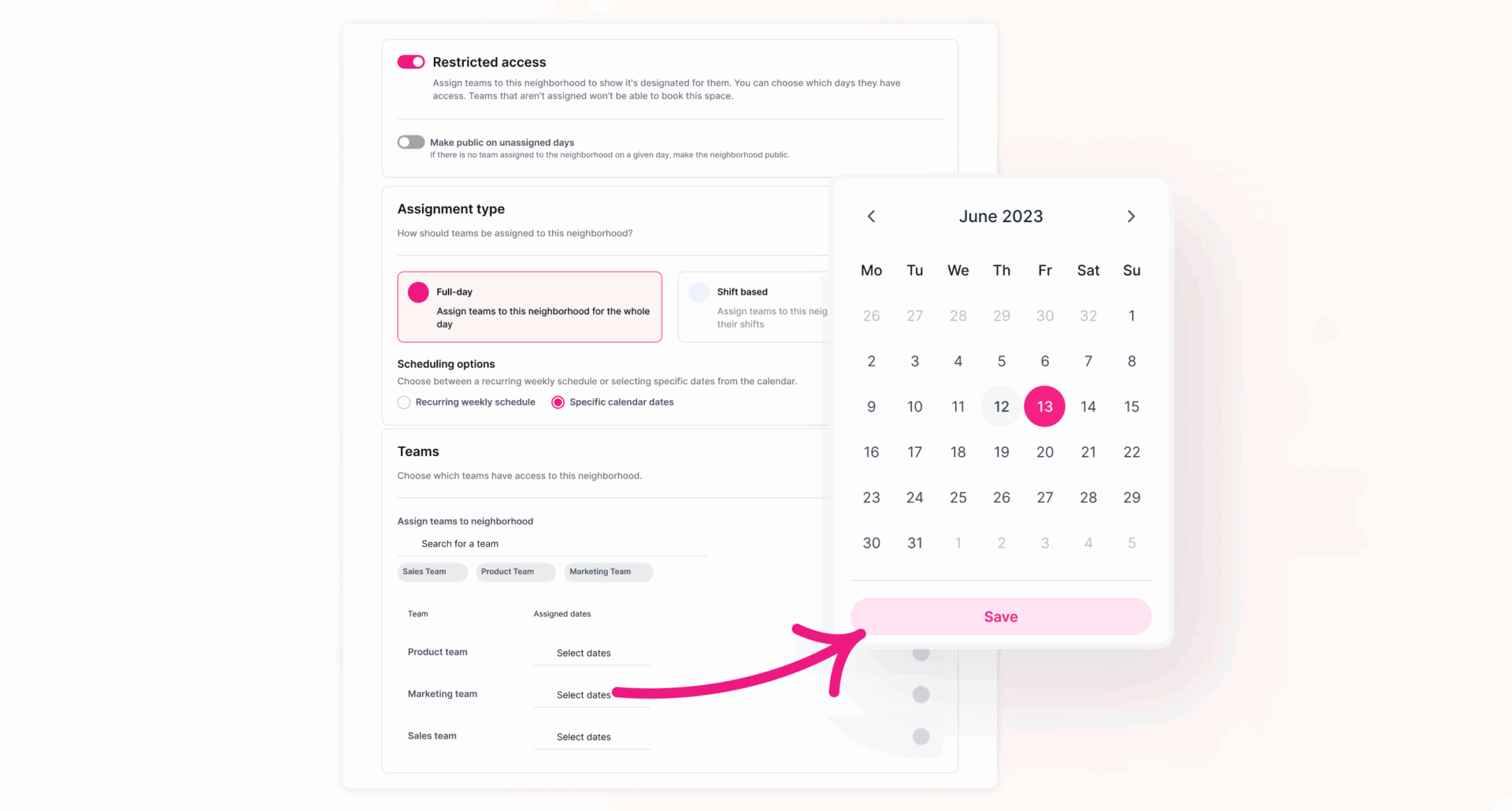 A stylized design of Neighborhood scheduling inside Kadence settings.